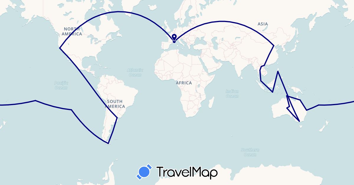 TravelMap itinerary: driving in Argentina, Australia, Chile, China, France, Indonesia, Laos, Malaysia, New Caledonia, French Polynesia, Philippines, Thailand, United States, Vietnam (Asia, Europe, North America, Oceania, South America)